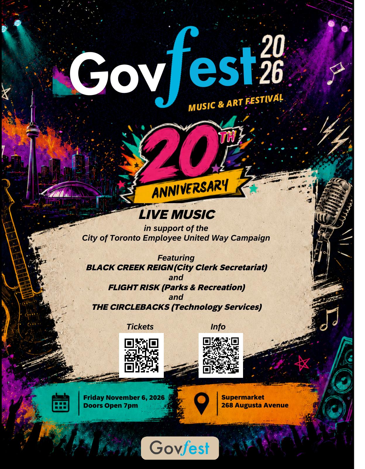 Govfest 2026, 20th anniversary. Black Creek Reign, Flight Risk and The Circlebacks at Supermarket, 268 Augusta Avenue, Toronto. Friday November 6, 2026, doors at 7 PM. In support of the City of Toronto Employee United Way Campaign.